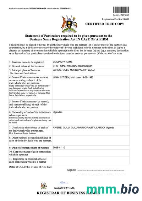 Uganda szablon Word i PDF zaświadczenia o rejestracji nazwy firmy, wersja 2